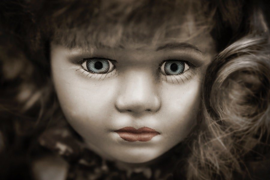 a doll with grey eyes and brown hair